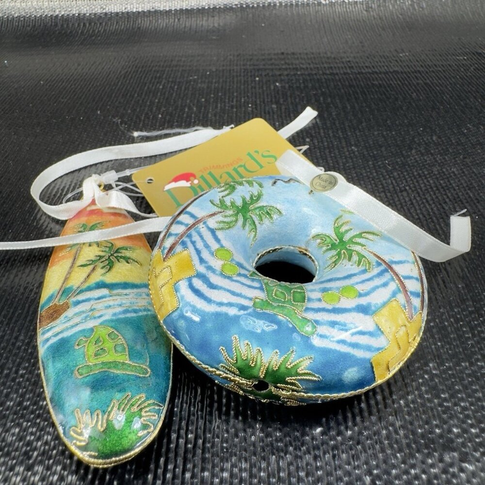 Dillards Tropical Themed Enamel Christmas Ornaments‎ Set 2 Metal Cloisonne Decor